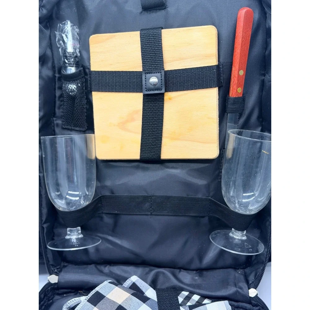 Plush Picnic Backpack Set for 2 Black Plates Wine Glasses Blanket Utensils